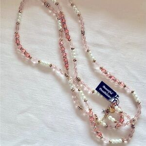 WHBM Necklace faux pearls peachy pink faceted beads, Gold Tone & Crystal Spacers